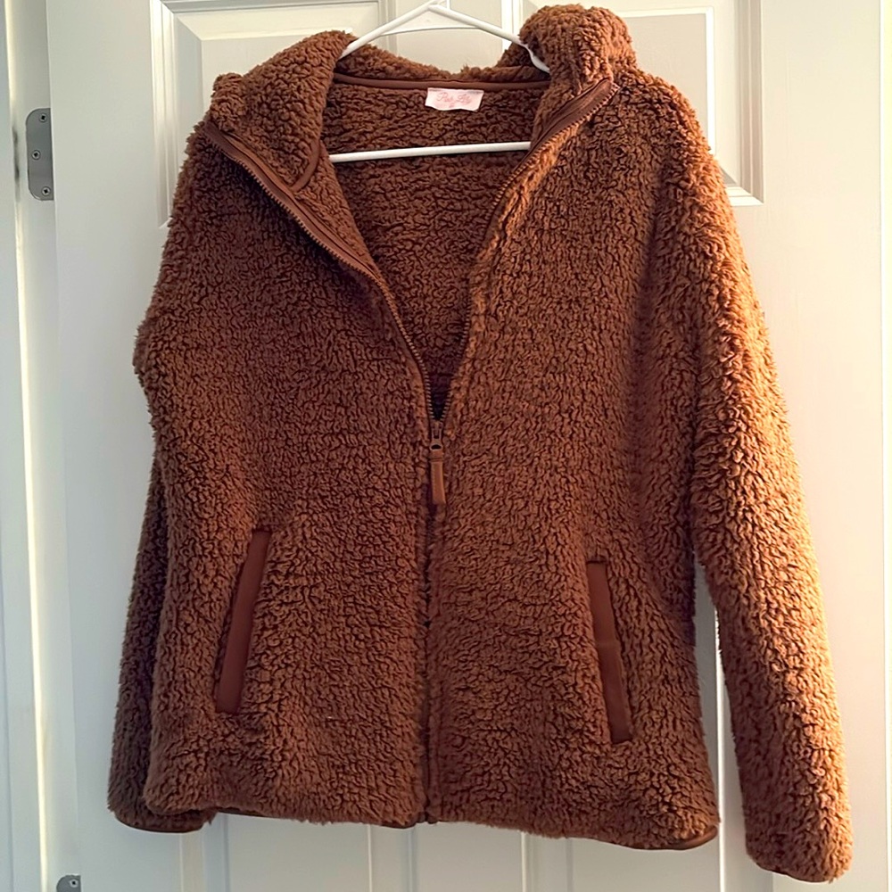 PINK lily Brown sherpa coat with hood